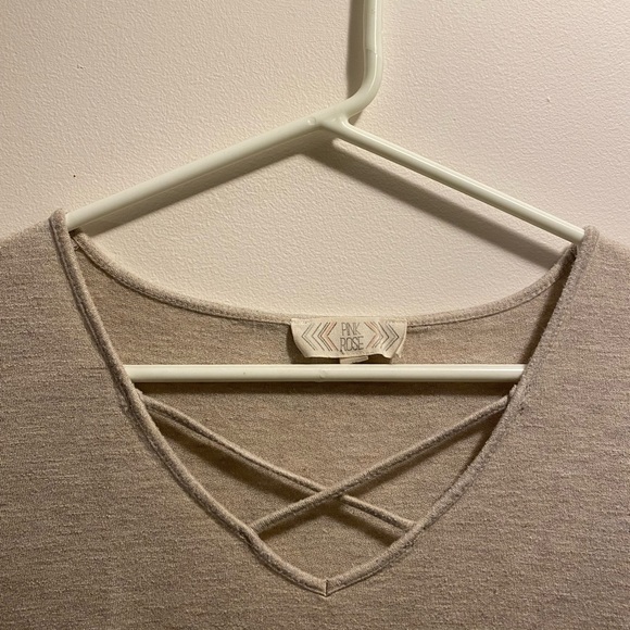 Beige Criss Cross V-Neck T-Shirt - Picture 2 of 5